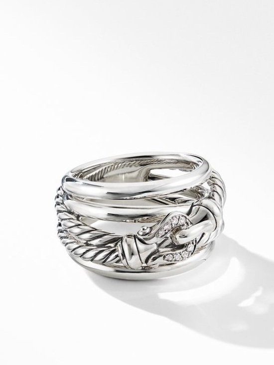 David Yurman Crossover Buckle Ring in Sterling Silver with Pavé Diamonds - Picture 2 of 8